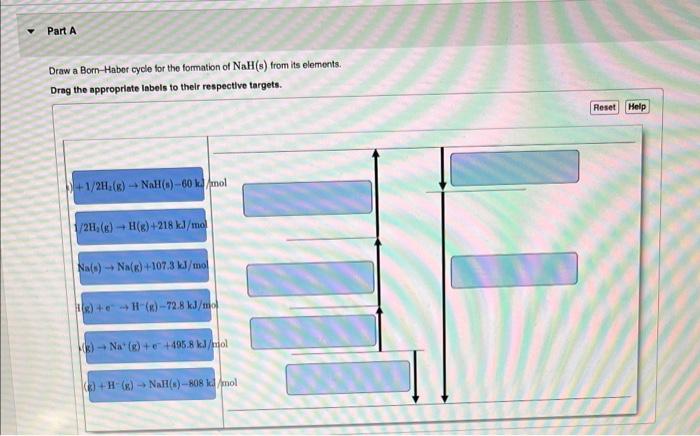 Draw a Born-Haber cycle for the formation of \( \mathrm{NaH}(\mathrm{s}) \) from its elements. Drag the appropriate labeis to