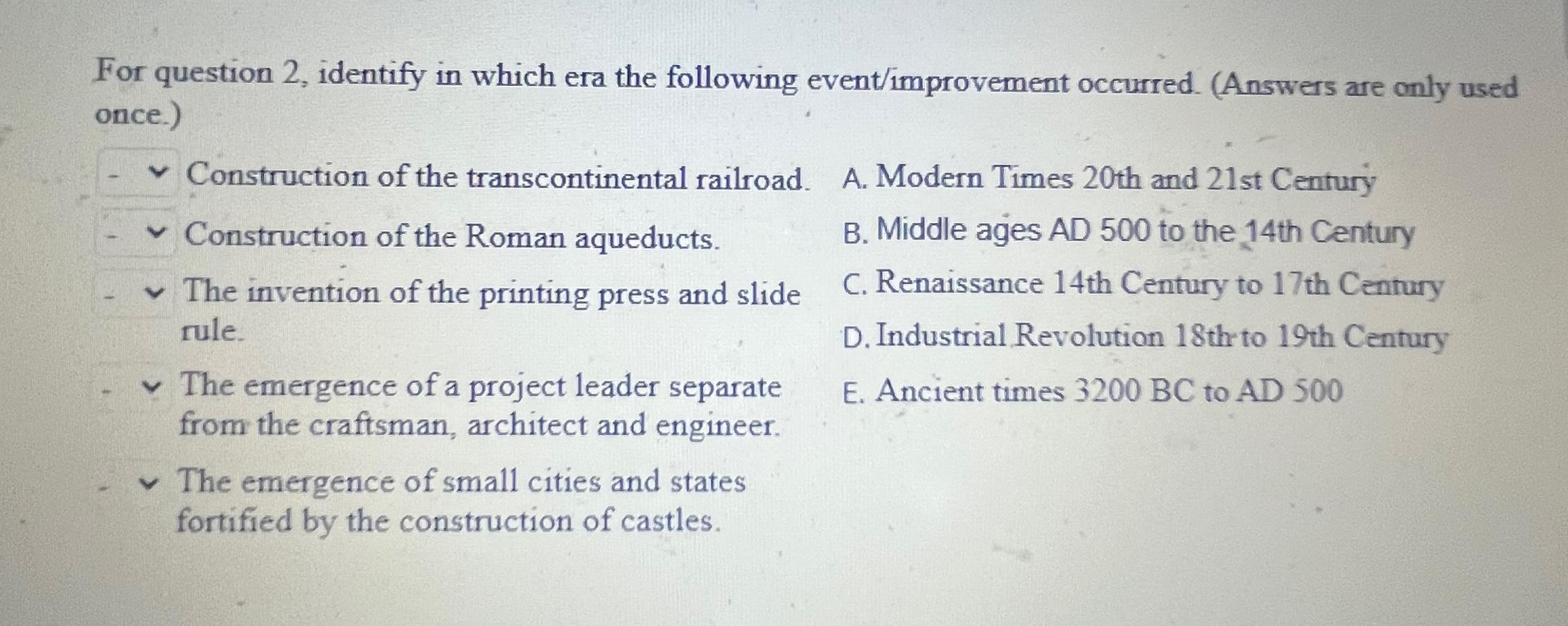 Solved For Question 2, ﻿identify In Which Era The Following | Chegg.com