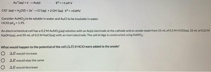 Au Aq E Au S E 1 69v Cio Aq H2o L Chegg Com