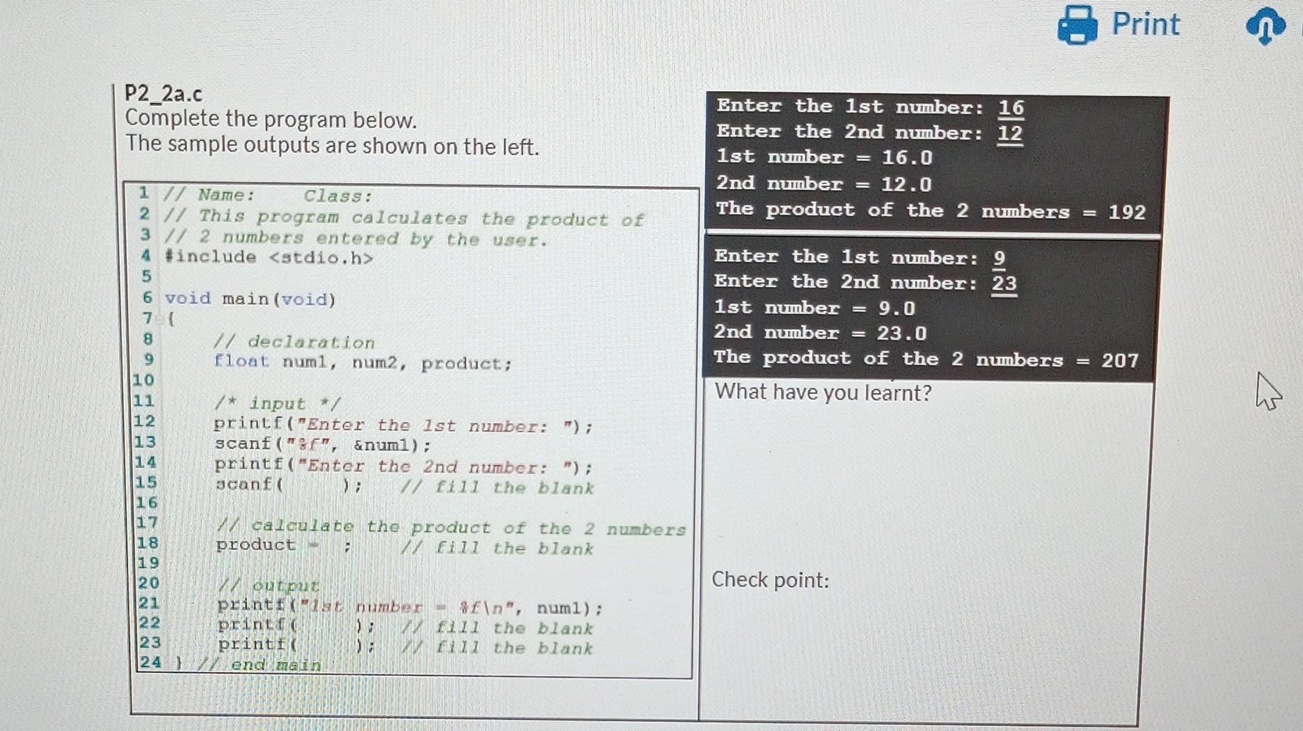 Solved P2_2a.c Complete The Program Below. The Sample | Chegg.com