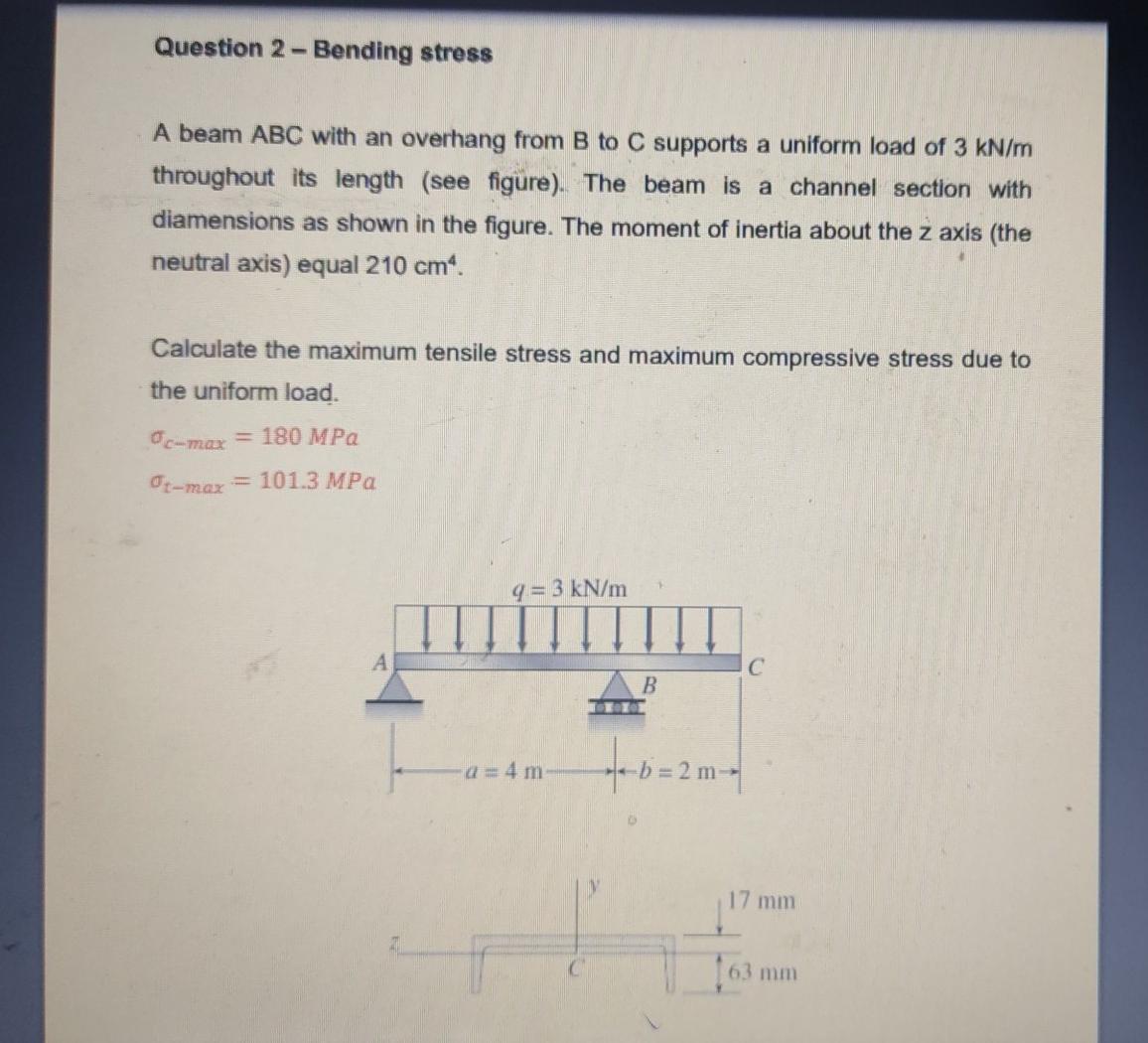 Solved Question 2 - Bending stress A beam ABC with an | Chegg.com