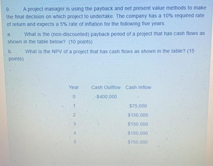 Solved 9. A project manager is using the payback and net | Chegg.com