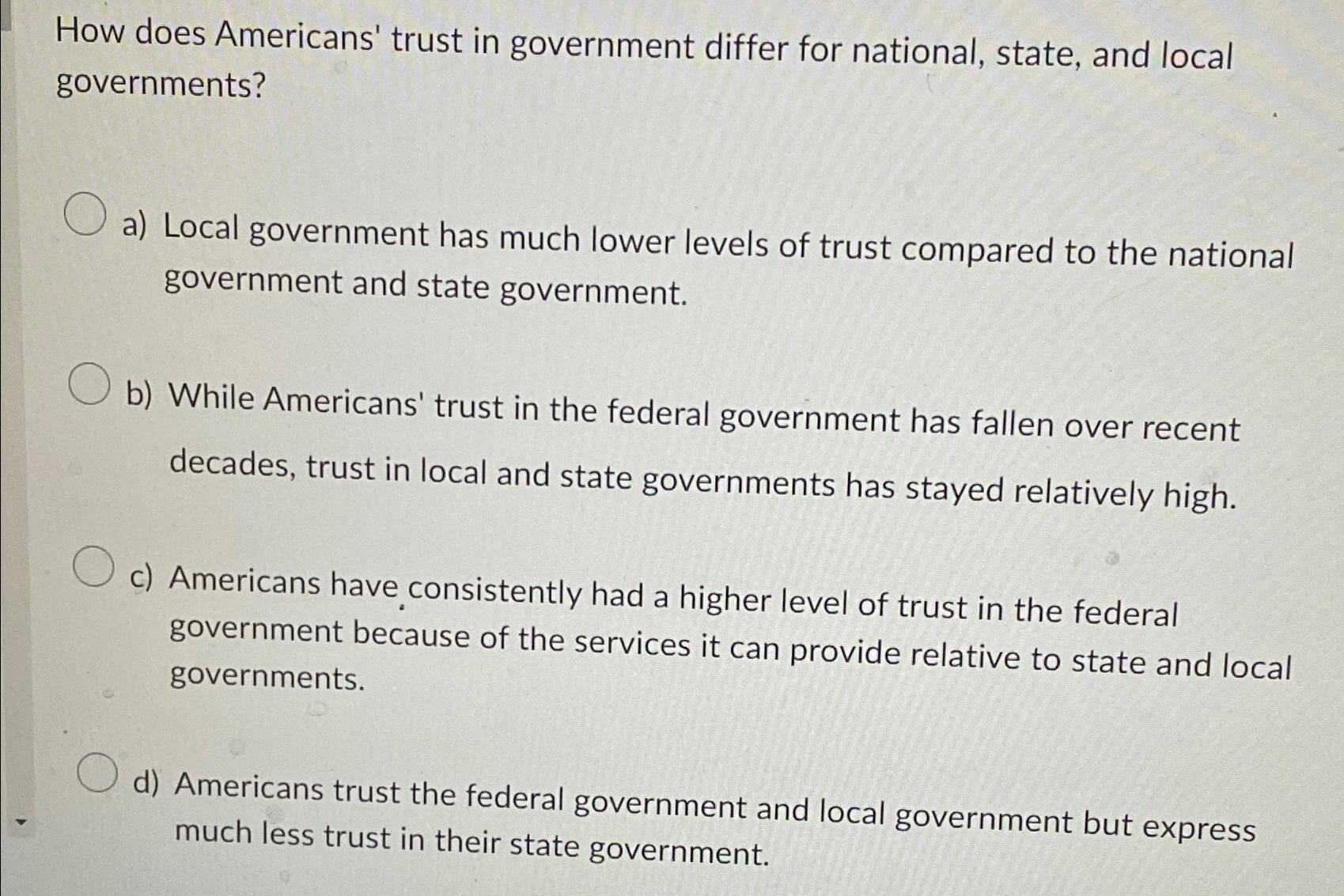 Solved How does Americans' trust in government differ for | Chegg.com