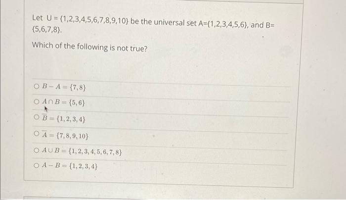 Solved Let U = {1,2,3,4,5,6,7,8,9,10} Be The Universal Set | Chegg.com