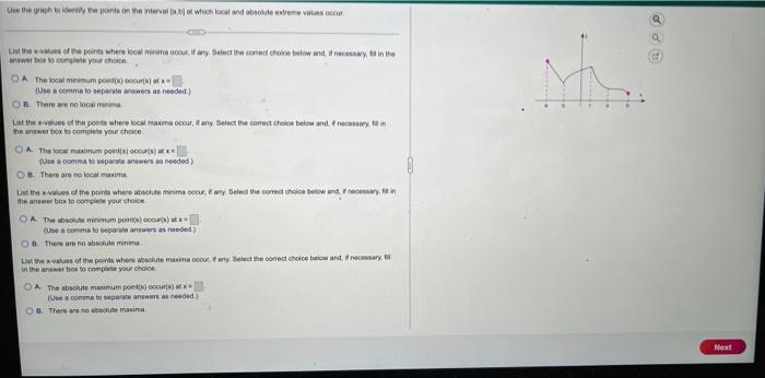 Use the graph to identify the points on the interval (a,b) at which local and absolute extreme values occur
List the x-values
