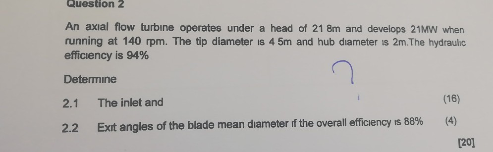 Solved Question 2 An axial flow turbine operates under a | Chegg.com