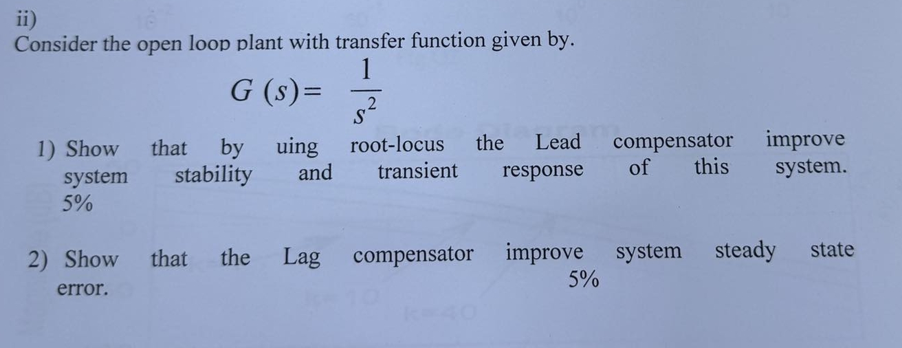 ii)Consider the open loop plant with transfer | Chegg.com