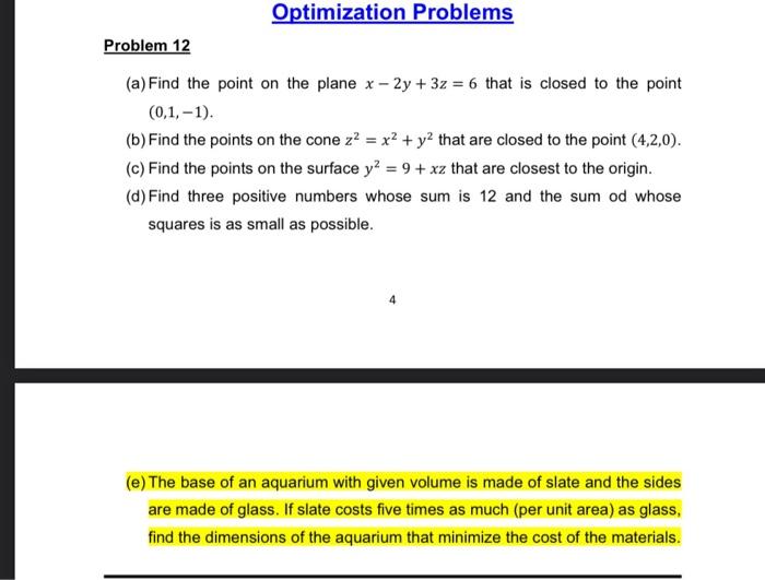 Solved Optimization Problems Problem 12 (a) Find the point | Chegg.com