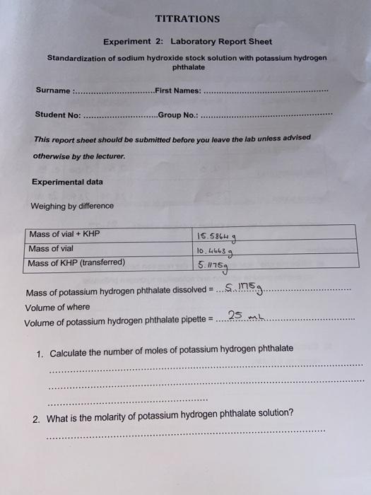 Solved TITRATIONS Experiment 2 Laboratory Report Sheet