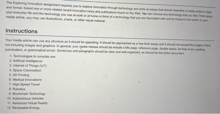 Solved The Exploring innovation assignment requires you to | Chegg.com
