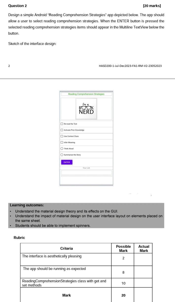 Solved Question 2 [20 marks] Design a simple Android | Chegg.com