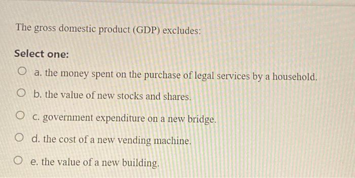 Solved The gross domestic product (GDP) excludes: Select | Chegg.com