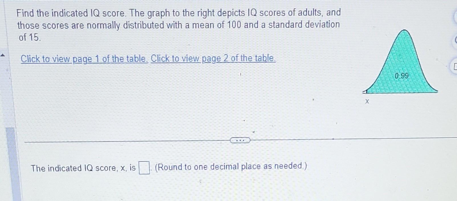 Find the indicated \( \mathrm{IQ} \) score. The graph to the right depicts \( \mathrm{IQ} \) scores of adults, and those scor