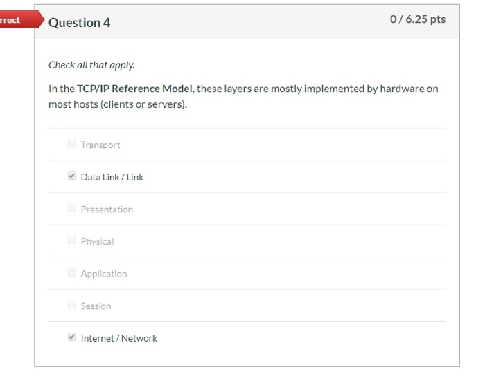 rrect Question 4 0/6.25 pts Check all that apply. In the TCP/IP Reference Model, these layers are mostly implemented by hardw