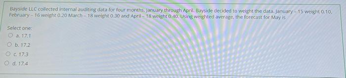 Bayside LLC collected internal auditing data for four months, January through April. Bayside decided to weight the data. Janu