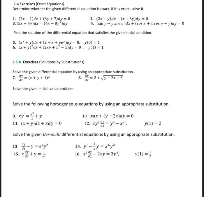 Solved 2.4 Exercises (Exact Equations) Determine Whether The | Chegg.com