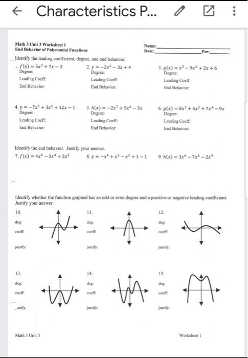 Math 3 Unit 3 Worksheet 1 End Behavior