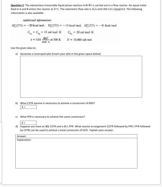Solved Question 2: The elementary irreversible liquid phase | Chegg.com