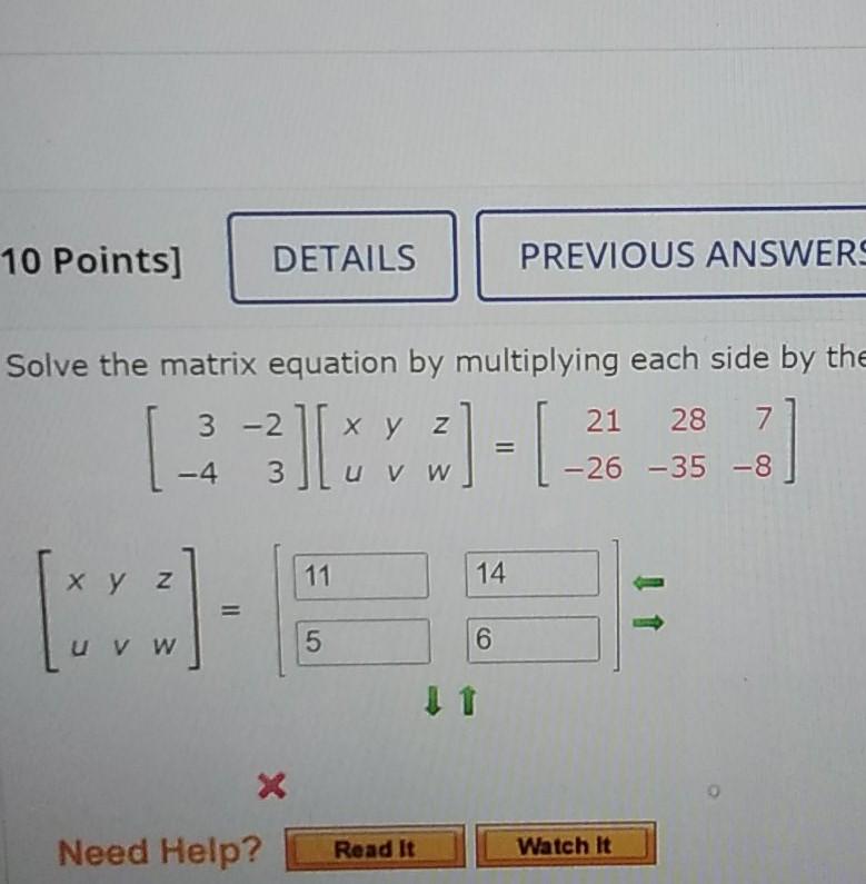 Solved 10 Points] DETAILS PREVIOUS ANSWERS Solve the matrix | Chegg.com