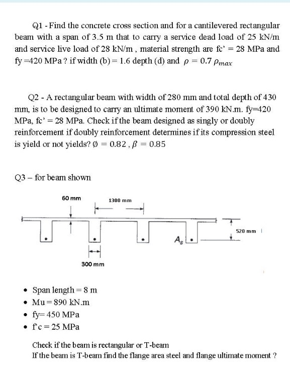 Solved Q1 - Find the concrete cross section and for a | Chegg.com