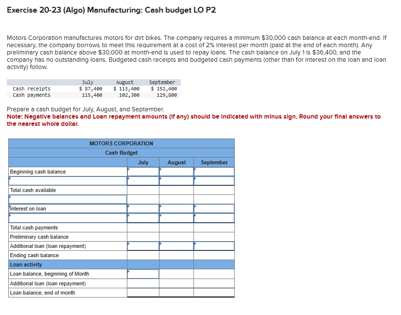 Solved Exercise 20-23 (Algo) ﻿Manufacturing: Cash budget LO | Chegg.com