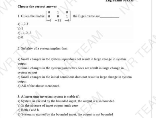 Choose the correct answer
1. Given the matrix \( \left[\begin{array}{ccc}0 & 1 & 0 \\ 0 & 0 & 1 \\ -6 & -11 & -6\end{array}\r