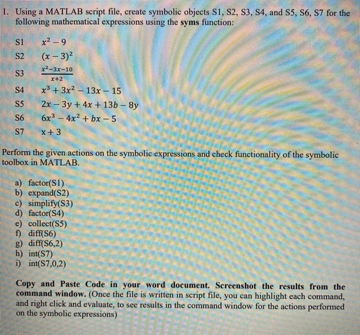 Solved 1. Using a MATLAB script file, create symbolic | Chegg.com