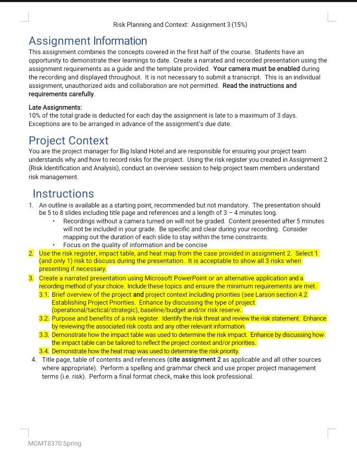 Solved Risk Planning and Context: Assignment 3(15\%) | Chegg.com