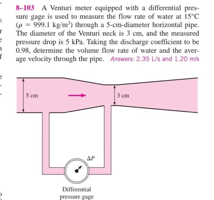 Solved 3 T e a f 8-103 A Venturi meter equipped with a | Chegg.com