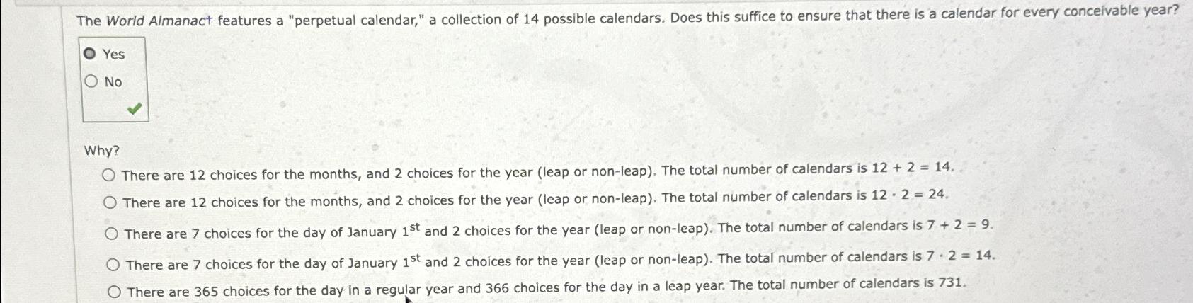 Solved The World Almanact features a "perpetual calendar," a | Chegg.com