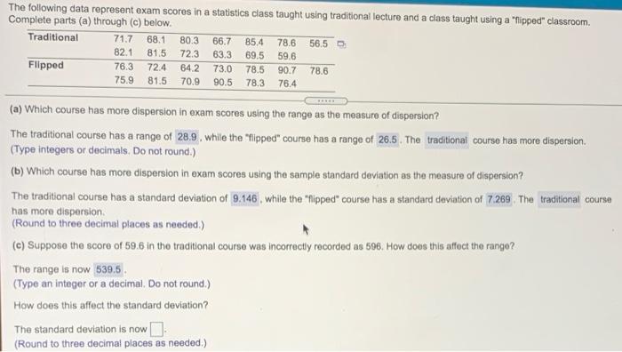 Solved The following data represent exam scores in a | Chegg.com