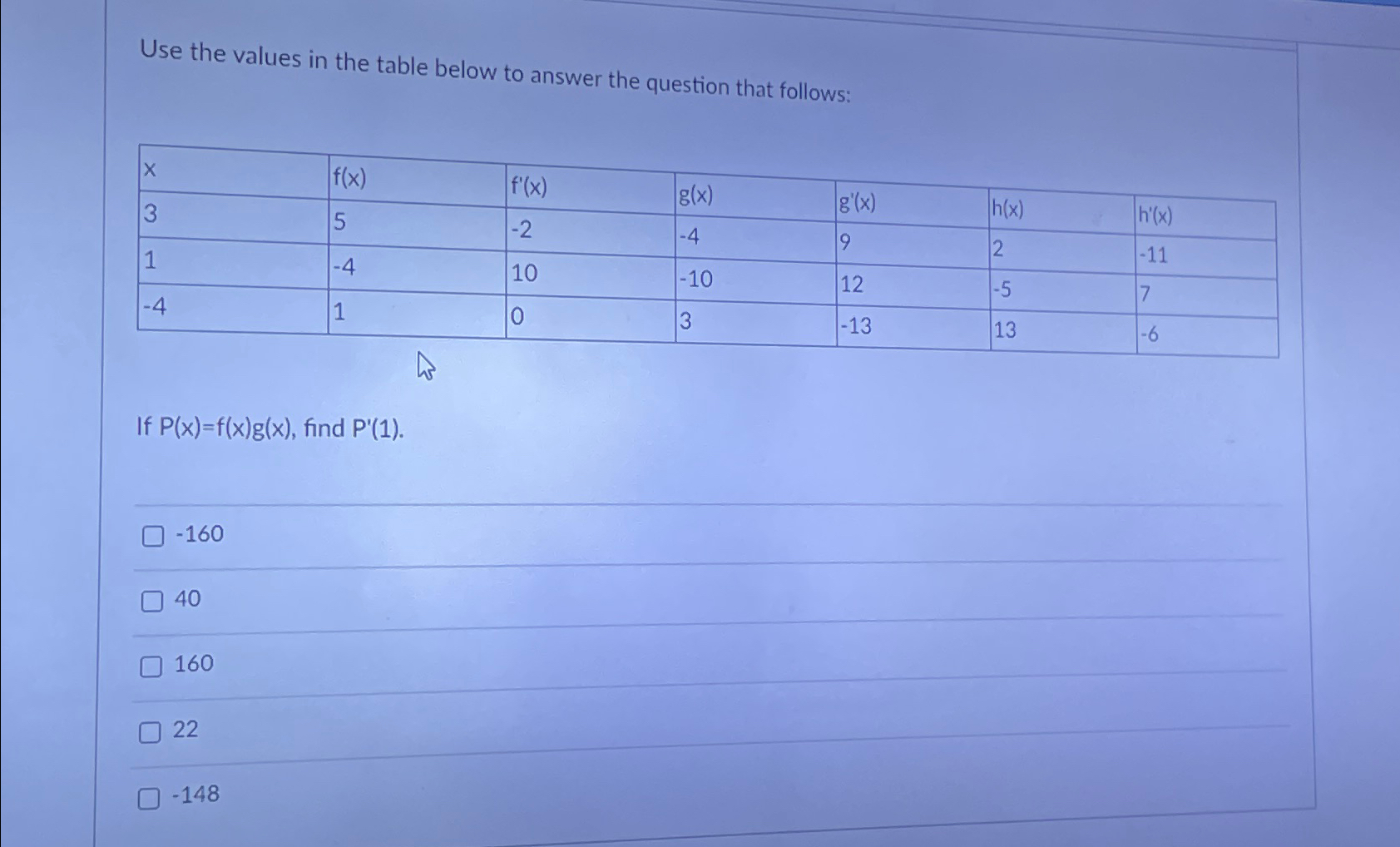 Solved Use the values in the table below to answer the | Chegg.com