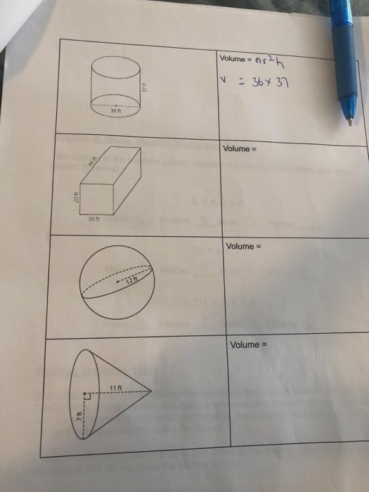 Solved Volume V = 36x37 170 Volume = 20 ft Volume = 126 | Chegg.com