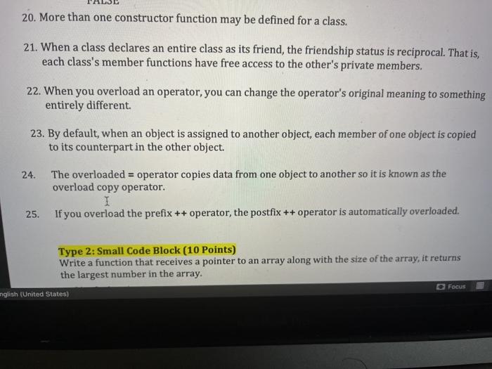 Solved 20. More than one constructor function may be defined | Chegg.com