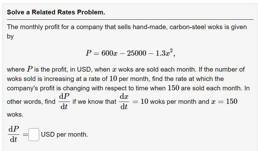 Profit Problem Solving Example Solved Solve a Related Rates Problem.The monthly profit for | Chegg.com
