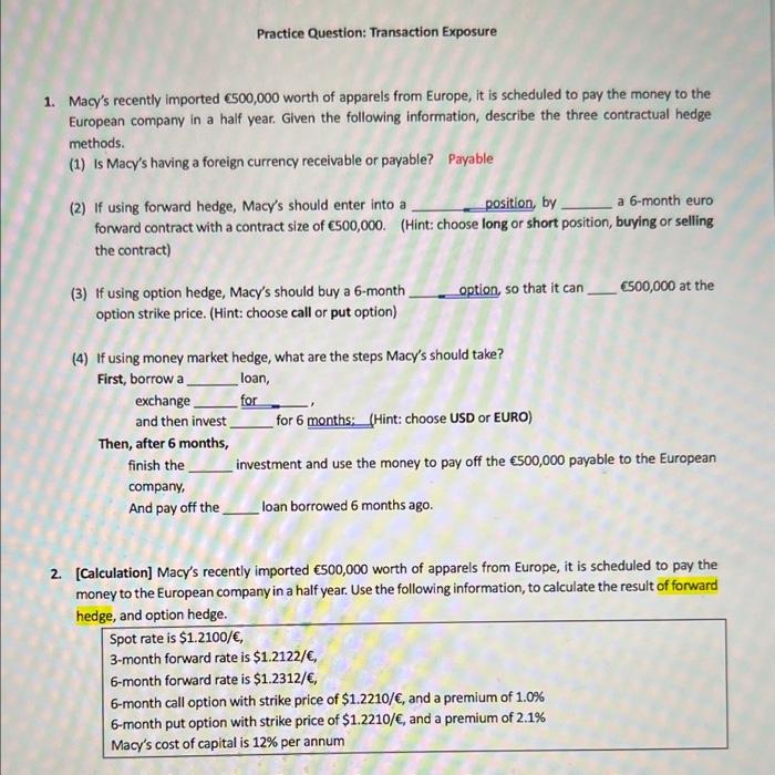 Solved Practice Question: Transaction Exposure 1. Macy's | Chegg.com