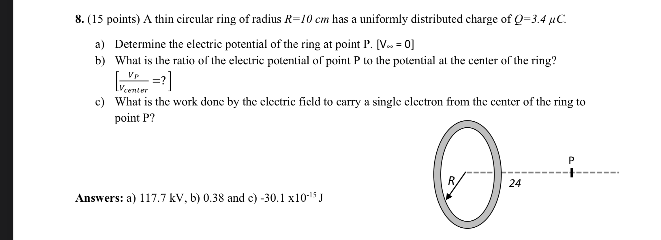 Consider a thin insulating wire that is shaped into a ring of radius R. The  ring is charged with charge Q (distributed uniformly). a) What is the  electric potential at a point