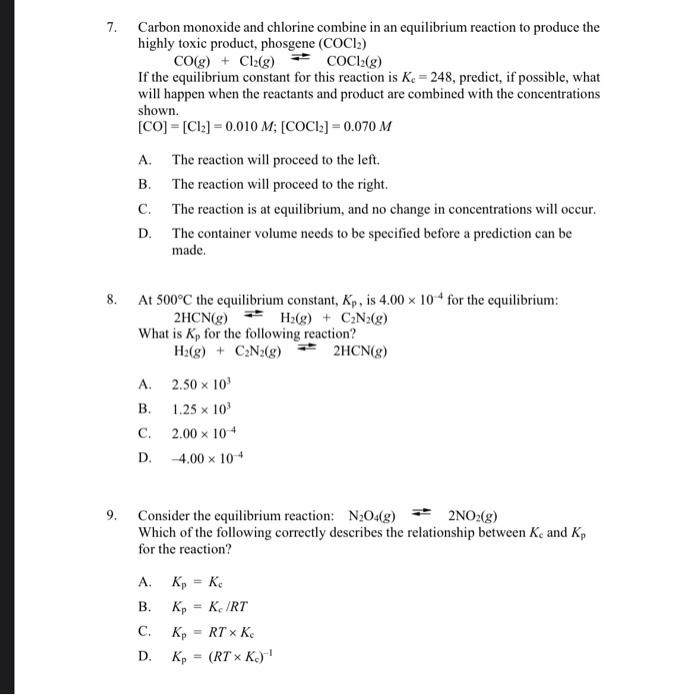 Solved 7. Carbon monoxide and chlorine combine in an | Chegg.com