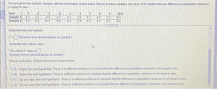 Solved You are given two random samples with the information | Chegg.com