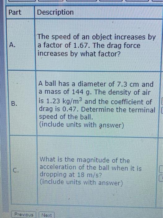 Solved Part Description A. The speed of an object increases | Chegg.com