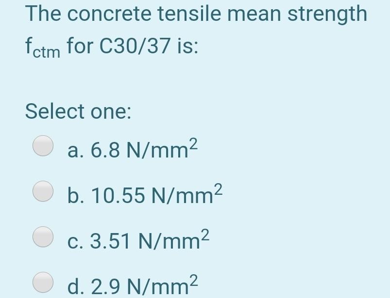 Solved The concrete tensile mean strength fctm for C30/37 | Chegg.com