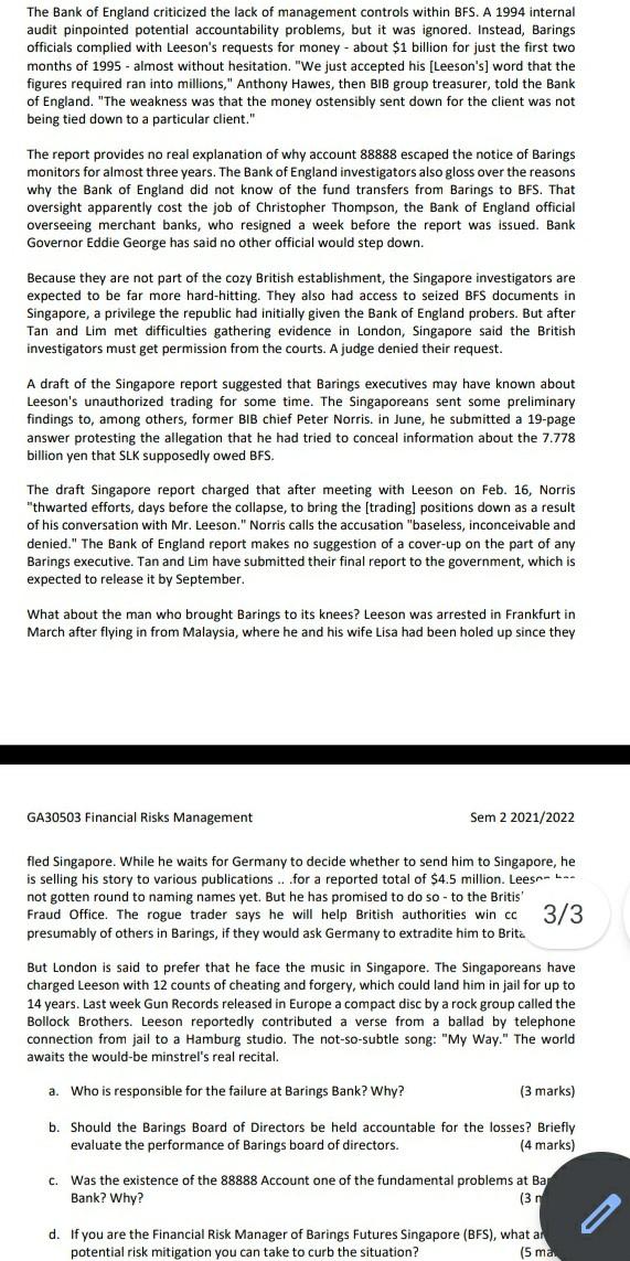 Solved Case study The collapse of Barings Bank What can