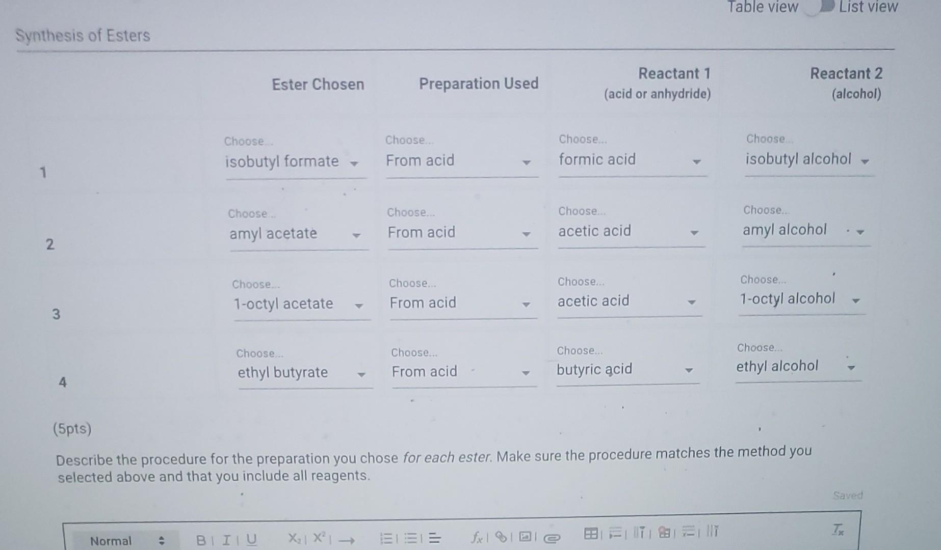 Solved Table view List view Synthesis of Esters Ester Chosen | Chegg.com