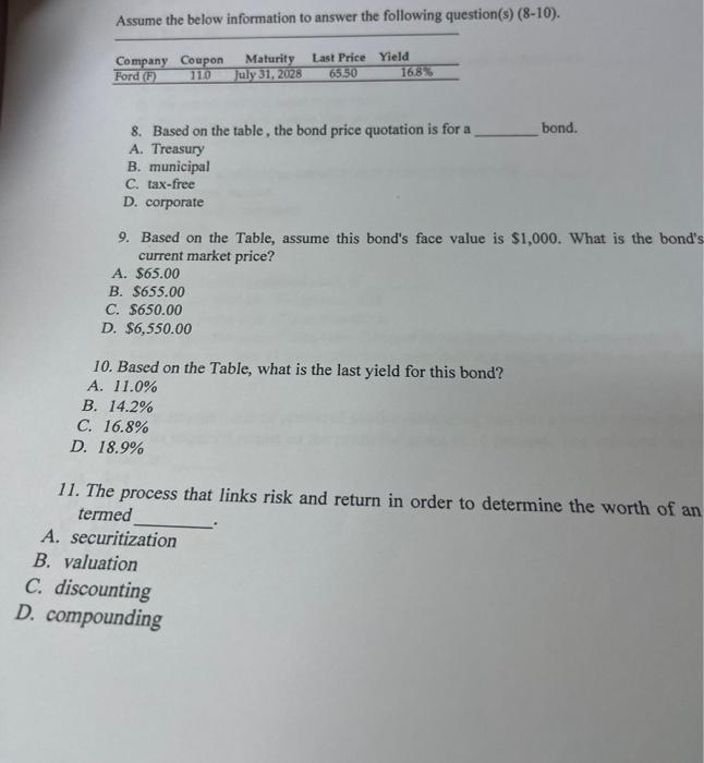 Solved Assume the below information to answer the following | Chegg.com