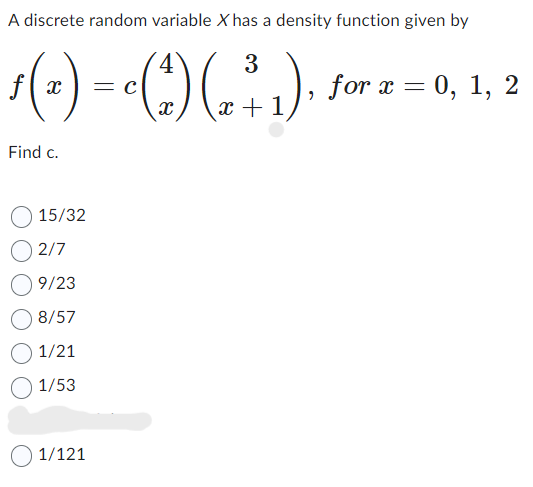 Solved A discrete random variable x ﻿has a density function | Chegg.com