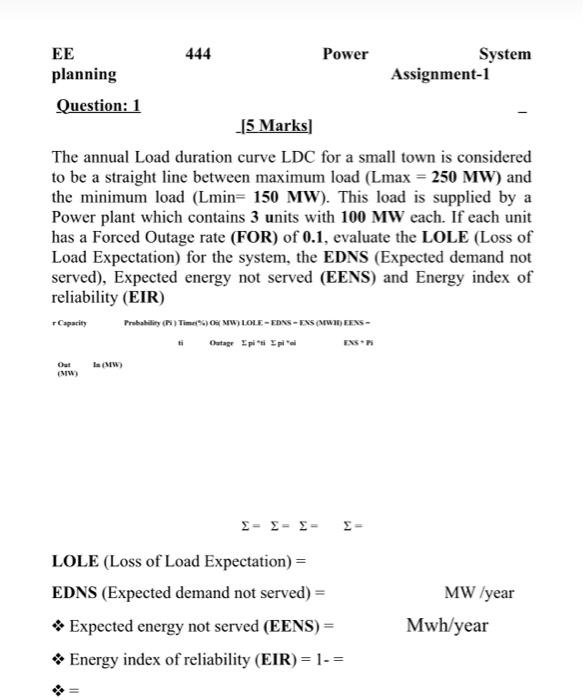 Ee 444 Power System Planning Assignment 1 Question Chegg Com