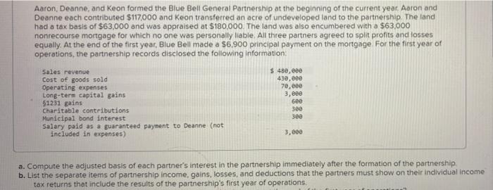 Solved Aaron, Deanne, And Keon Formed The Blue Bell General | Chegg.com