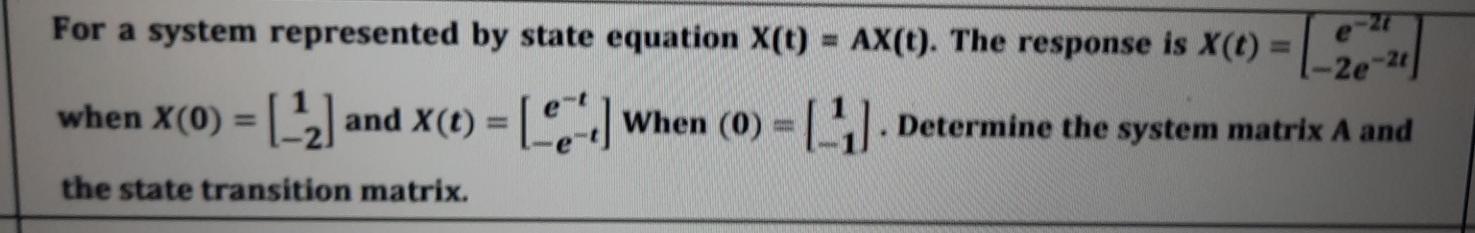 Solved For a system represented by state equation X(t) = | Chegg.com