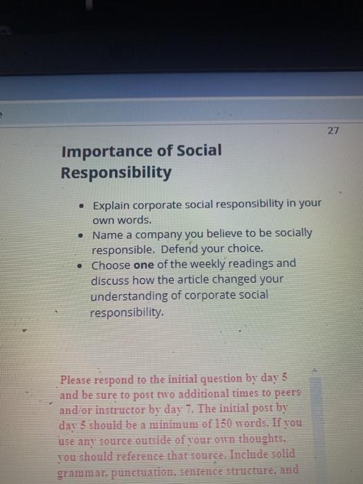 Solved 27 Importance Of Social Responsibility Explain Chegg