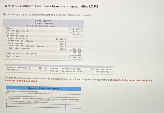 Solved Exercise 16-4 Indirect: Cash flows from operating | Chegg.com